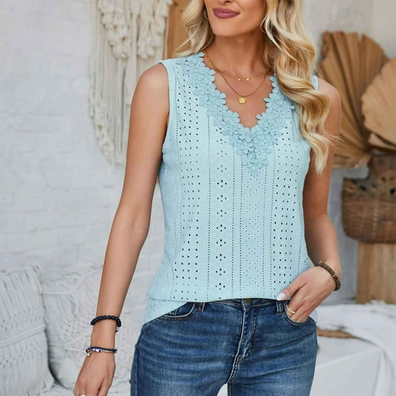 Sakmal Sleeveless Ladies Tops Plus Size Blue V-Neck Lace Solid Tank Tops Shirts for Women