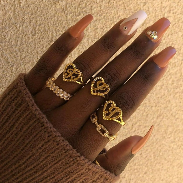 Gold Initial Ring for Women Vintage Initial Heart Love Ring Non