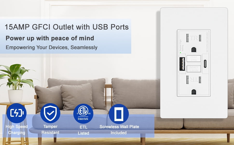2PACK - 15AMP GFCI Outlet with USB-A & USB- C Ports, Self-Test GFCI Electrical Outlet Combination with USB, LED Indicator, Tamper Resistant, Screwless Wall Plate Include, ETL Listed, White