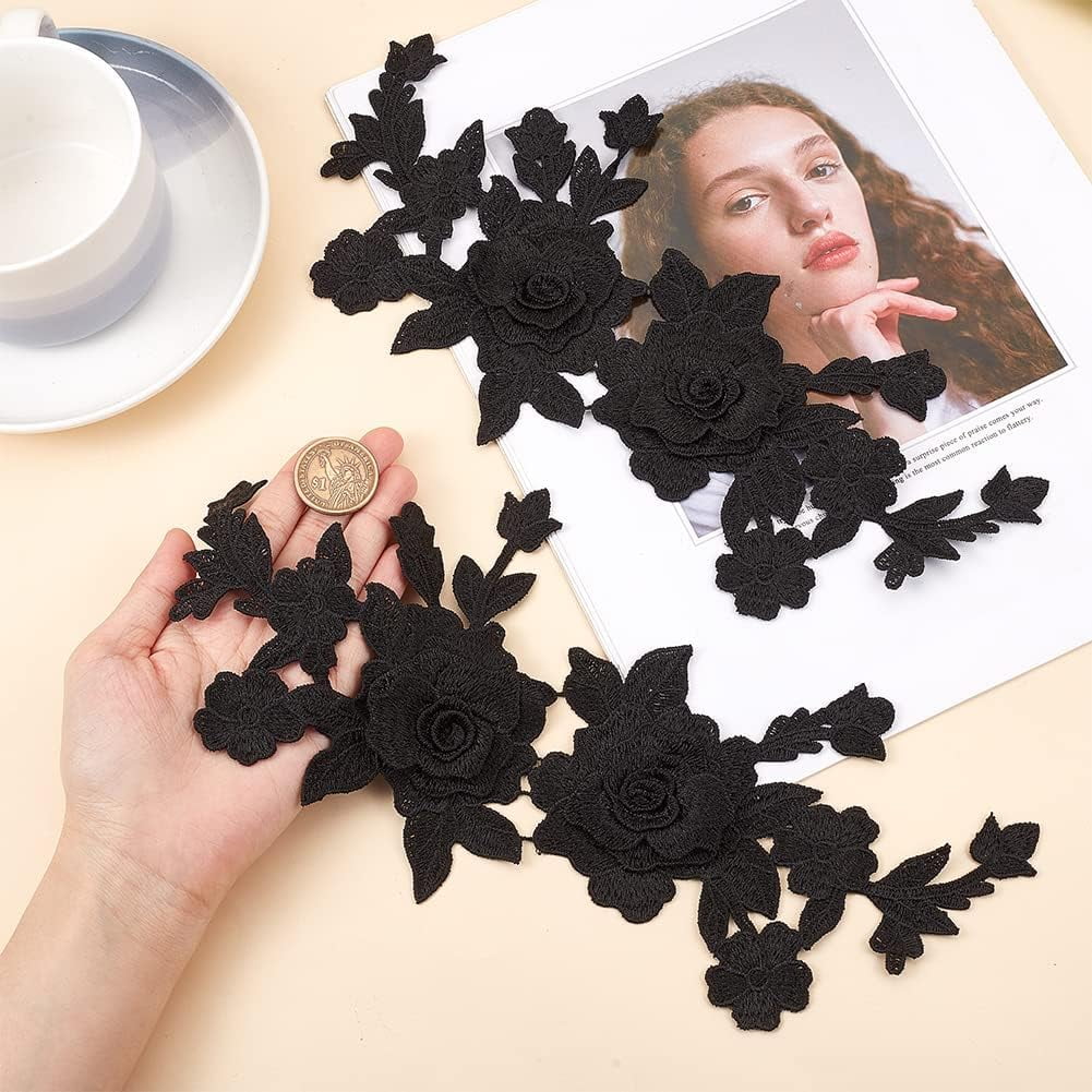 4Pcs 3D Beaded Floral Appliques - Vintage Rose Sew On Patches For Clothing Decor