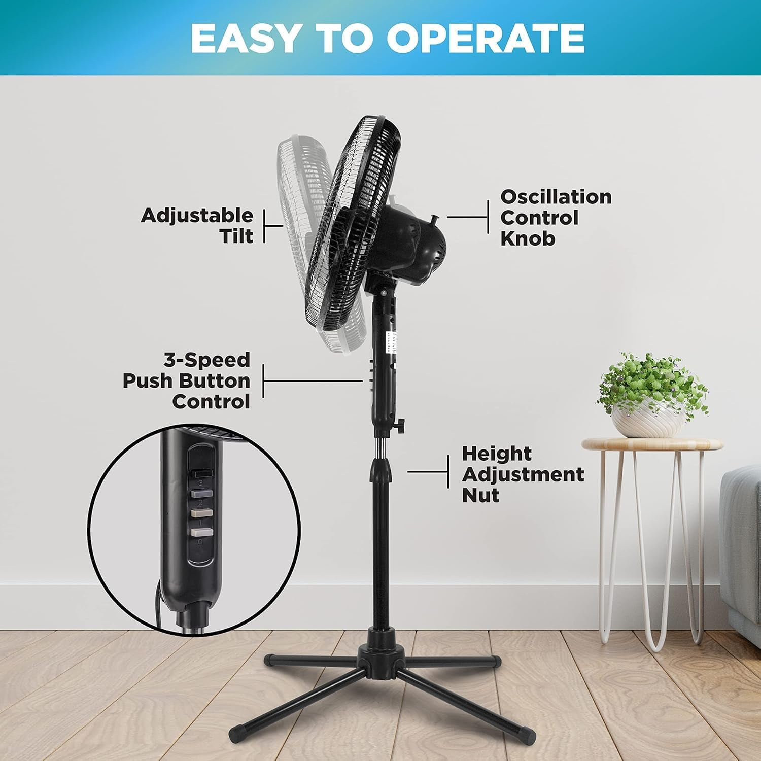 Comfort Zone 16 in. 3-Speed Adjustable-Height Pedestal Fan, Blue