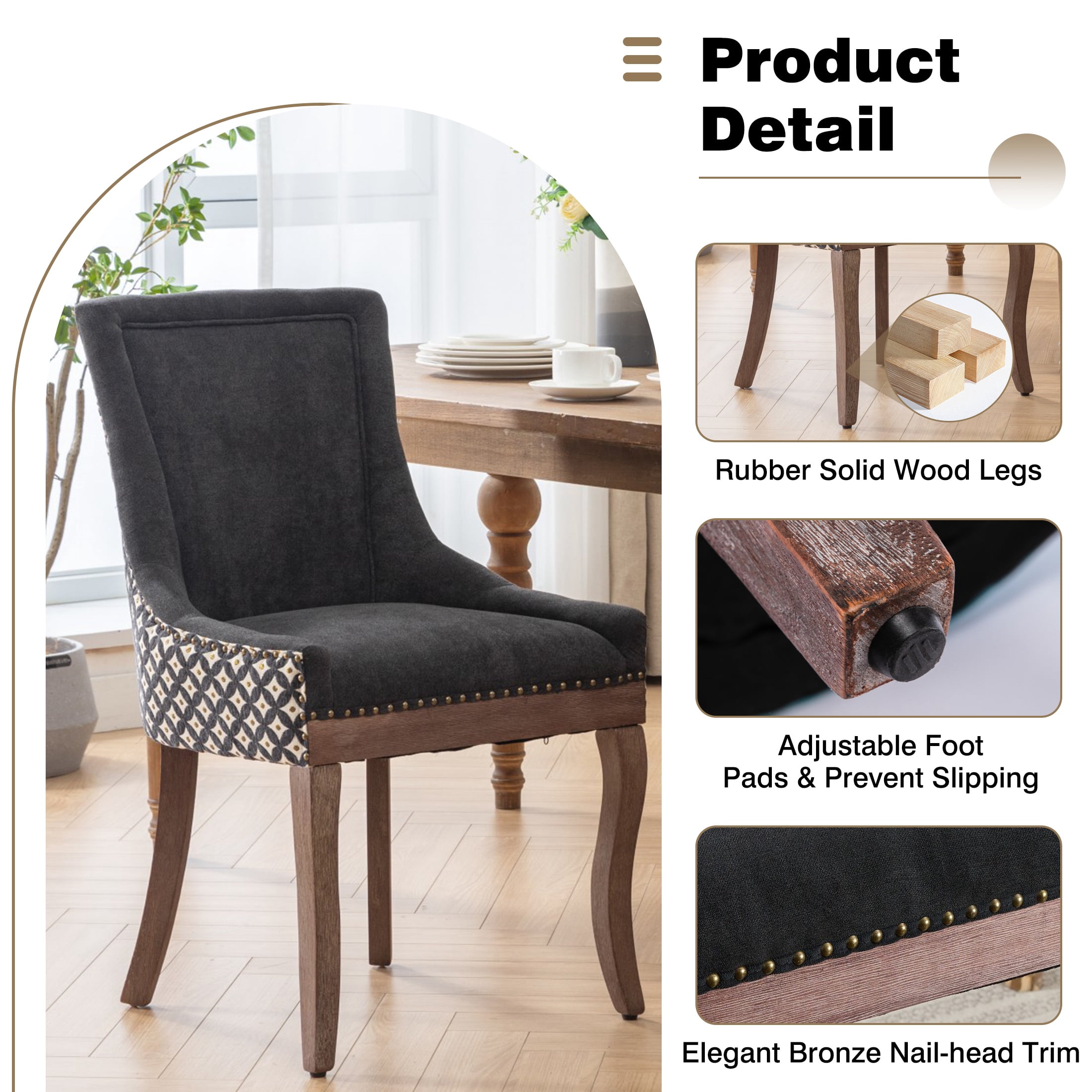 Dining Chairs Set of 2, LEGAHOME Black Fabric Upholstered Dining Chairs, Mid-century Kitchen Chairs with High Back, Bronze Nail Head, Solid Wood Legs, Black, 2 Pcs