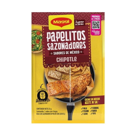 Hojas sazonadoras Maggi Jugoso al Sartén sabor chipotle 1 sobre con 4 hojas