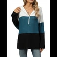 thumbnail image 3 of Suéter con Capucha y Media Cremallera para Mujer, Talla Grande, Color Block, Punto Acanalado, Cuello en V, Larga Azul XXL, 3 of 10