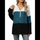 thumbnail image 3 of Suéter con Capucha y Media Cremallera para Mujer, Talla Grande, Color Block, Punto Acanalado, Cuello en V, Larga Azul L, 3 of 10
