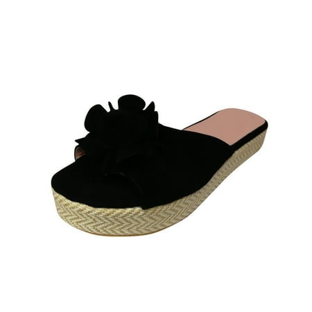 

Kukoosong Platform Sandals Womens Leisure Vacation Velvet Flower Grass Thick Flat With Cool Slippers Sandals Women Black 40