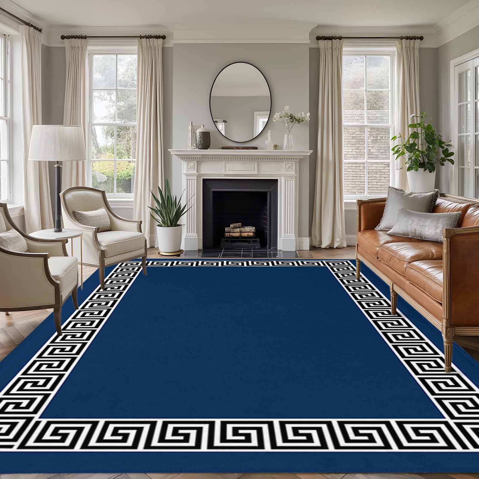 Non-Slip Rug Pad Rugs Abstract Greek Inspired Key Texture Rectangle Area Rugs 5x8Ft Soft Carpet Pads for Living Room Kids Room Geometric Twist Line on Dark Blue