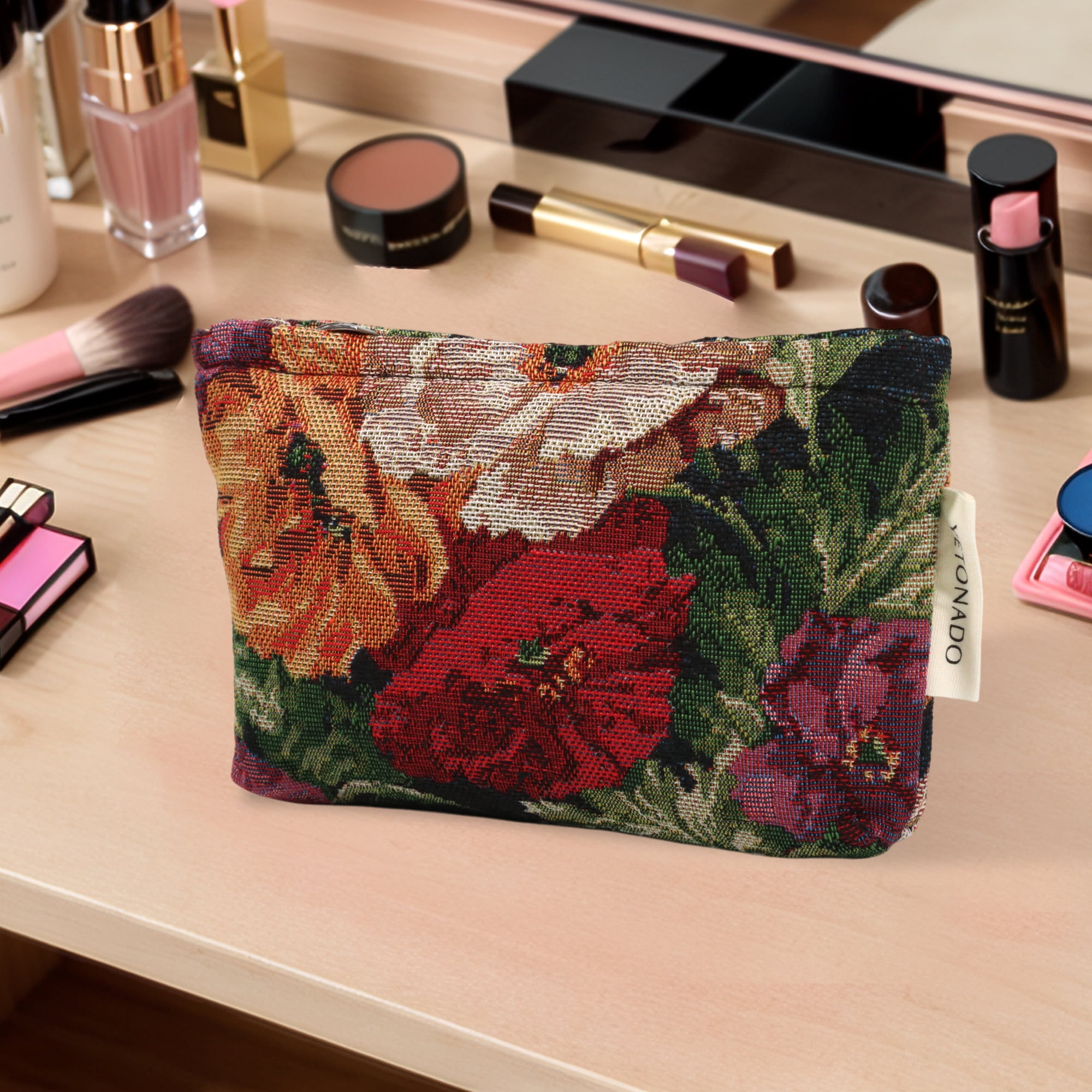 Unique Bargains 1 Pc Versatile Flower Handheld Makeup Bag Black Medium