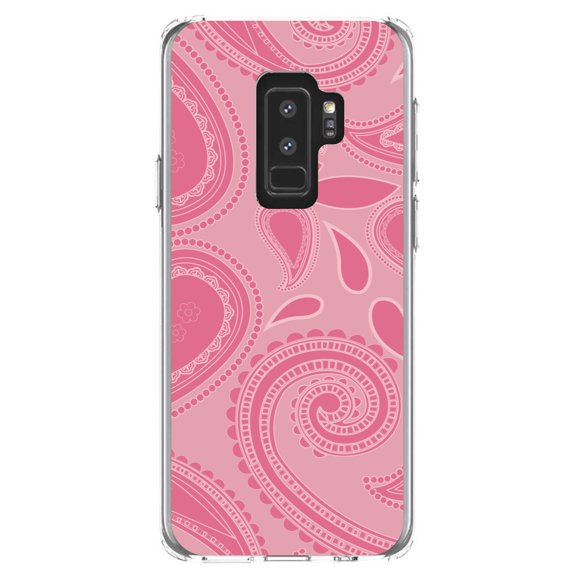 DistinctInk Clear Shockproof Hybrid Case for Samsung Galaxy S9  PLUS (6.2" Screen) - TPU Bumper, Acrylic Back, Tempered Glass Screen Protector - Big Pink Paisley