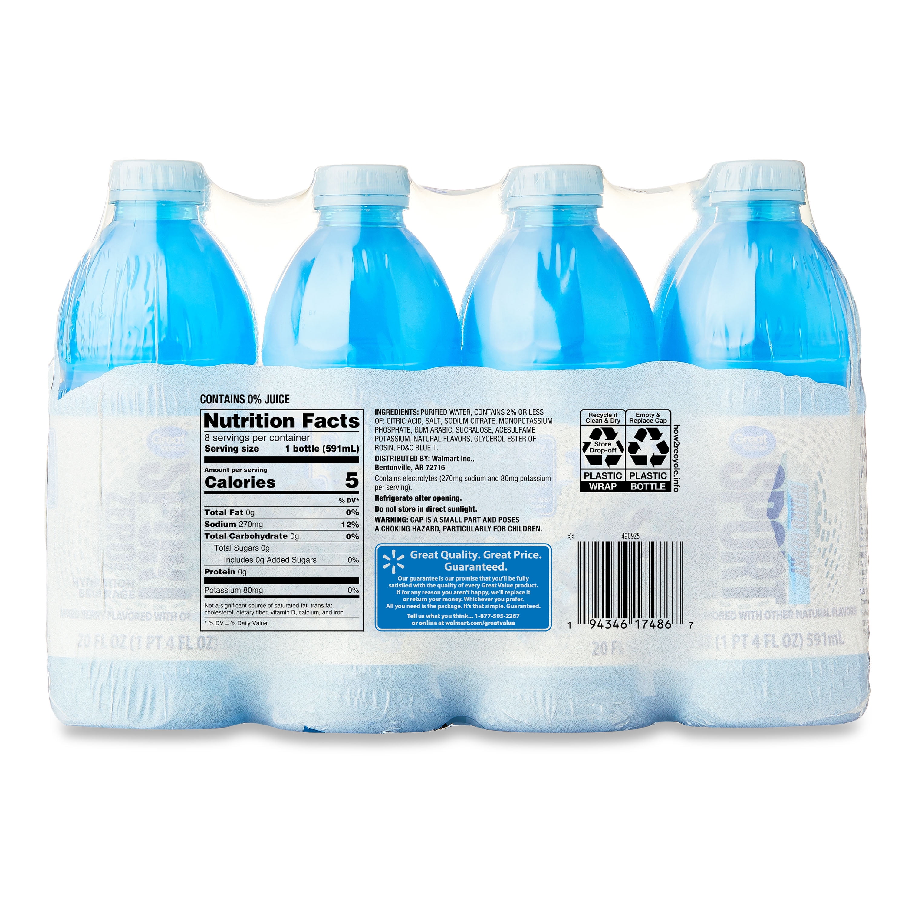 Great Value Zero Sports Hydration Drink, Mixed Berry, 20 fl oz, 8 Bottles