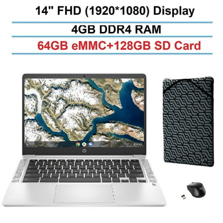 2121 Newest HP 14 Premium Laptop Chromebook 14" FHD (1920 x 1080) Display, Intel Celeron N4000, 4GB RAM, 64GB eMMC  128GB SD Card, Wi-Fi 6, Chrome OS, Silver, Bonus Sleeve & Wireless Mouse