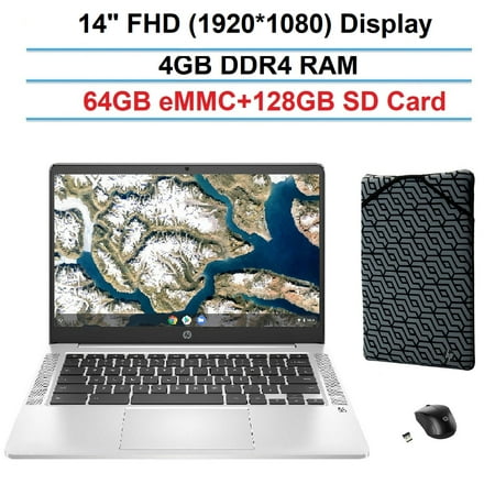 2121 Newest HP 14 Premium Laptop Chromebook 14" FHD (1920 x 1080) Display, Intel Celeron N4000, 4GB RAM, 64GB eMMC+ 128GB SD Card, Wi-Fi 6, Chrome OS, Silver, Bonus Sleeve & Wireless Mouse