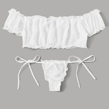 

nsendm Cute Off-Shouder Lace Pajamas Sleepwear Set Bowknot Women Embroidery Lingerie Womens Lace Lingerie Set Camisole Underwear White X-Large