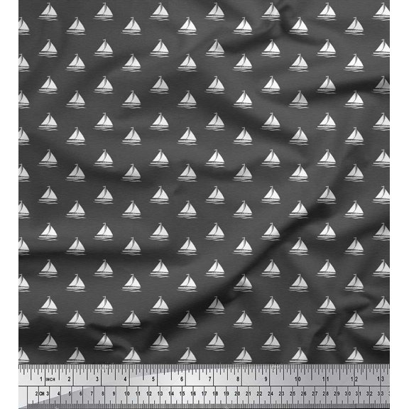 Soimoi Gray Cotton Poplin Fabric Yacht & Waves Nautical Print Sewing Fabric Yard 58 Inch Wide