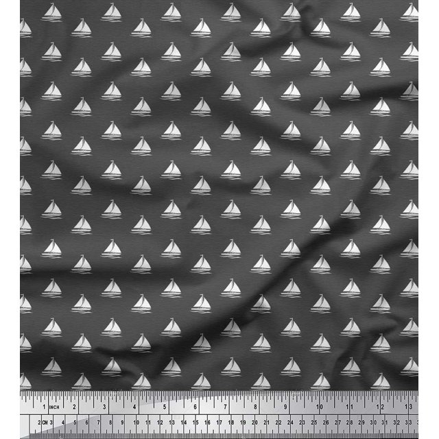 Soimoi Gray polyester Crepe Fabric Yacht & Waves Nautical Print Sewing Fabric Yard 52 Inch Wide
