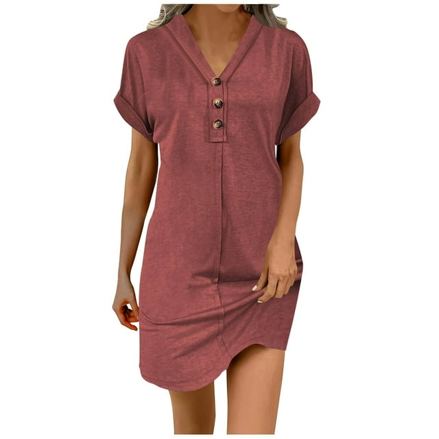 Summer Dresses for Women 2025 Fashionable All Buckle Neck Cold Shoulder Ruffled Sleeve Solid Color Womens Dress Brick Red L