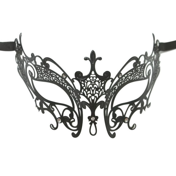 Black Laser Cut Venetian Masquerade Metal Filigree Mask Rhinestones Fleur De Lis