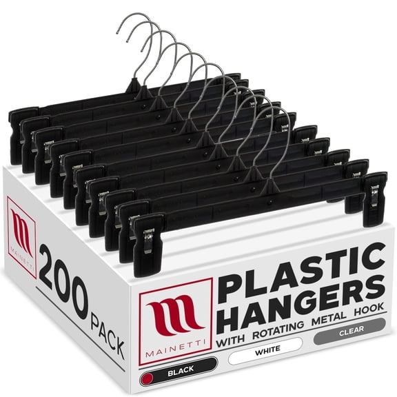 Mainetti Black Plastic Clothes Hangers 200 Pack | 12-Inch Space Saving Hangers with 360 Swivel Metal Hook & Non-Slip Clips | Closet Hangers Ideal for Pants, Skirts, Slacks and Shorts
