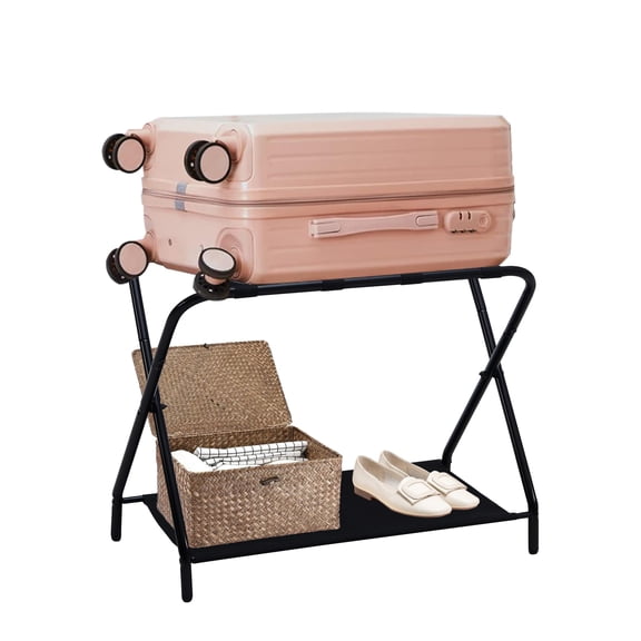 Kings Brand Furniture - Metal Luggage Rack with Storage Shelf - Portable and Stylish Suitcase Stand for Guest Room and Hotel - Easy to Fold and Store (Black)