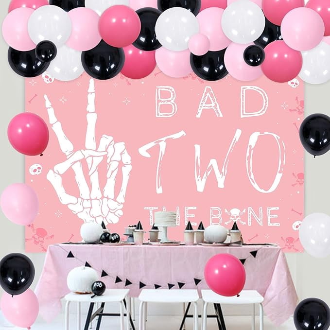 78Pcs Bad Two the Bone 2nd Birthday Party Decorations for Girls Pink Balloon Garland Arch Kit with Skull Bone Backdrop, Rock N Roll Music Theme 90s Second Birthday Party Decor