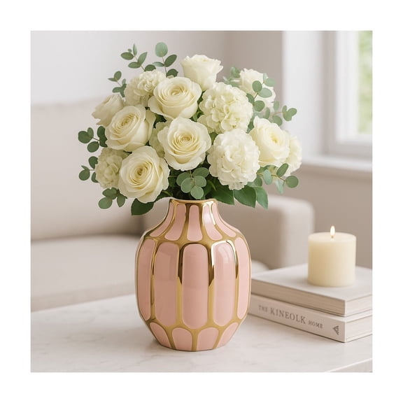 Elegant Ceramic Vase for Living Room Decor and Home Decor Accent - Modern Decorative Flower Vase for Room, Bedroom, or Office Desk - Designed for House and Table Decor - 8", Pink & Gold