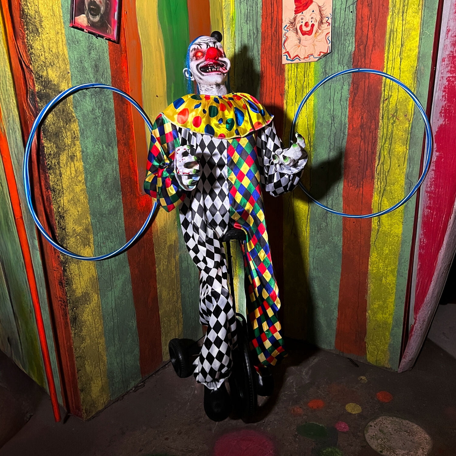 Haunted Hill Farm 5.9 ft Voice & Sound-Sensor Clown on Tricycle Halloween Animatronic, HHTRIBKCLOWN-1FLSA