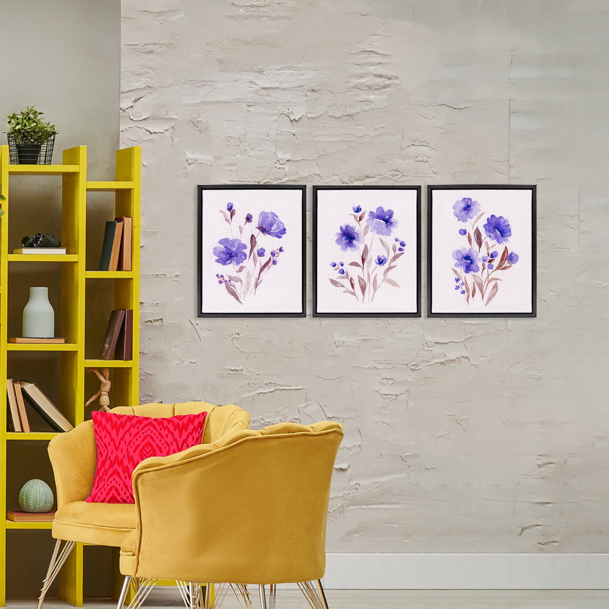 Stupell Industries Watercolor Purple Blooms 3 Piece Black Framed Floater Canvas Set, design by Leah Noel Art