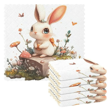 

6 Pieces of Kitchen Towels 11x11Inch Kitchen Dish Cloths Kitchen Dish Towels Reuseable Cleaning Cloths Lovely Cartoon Orange Rabbit