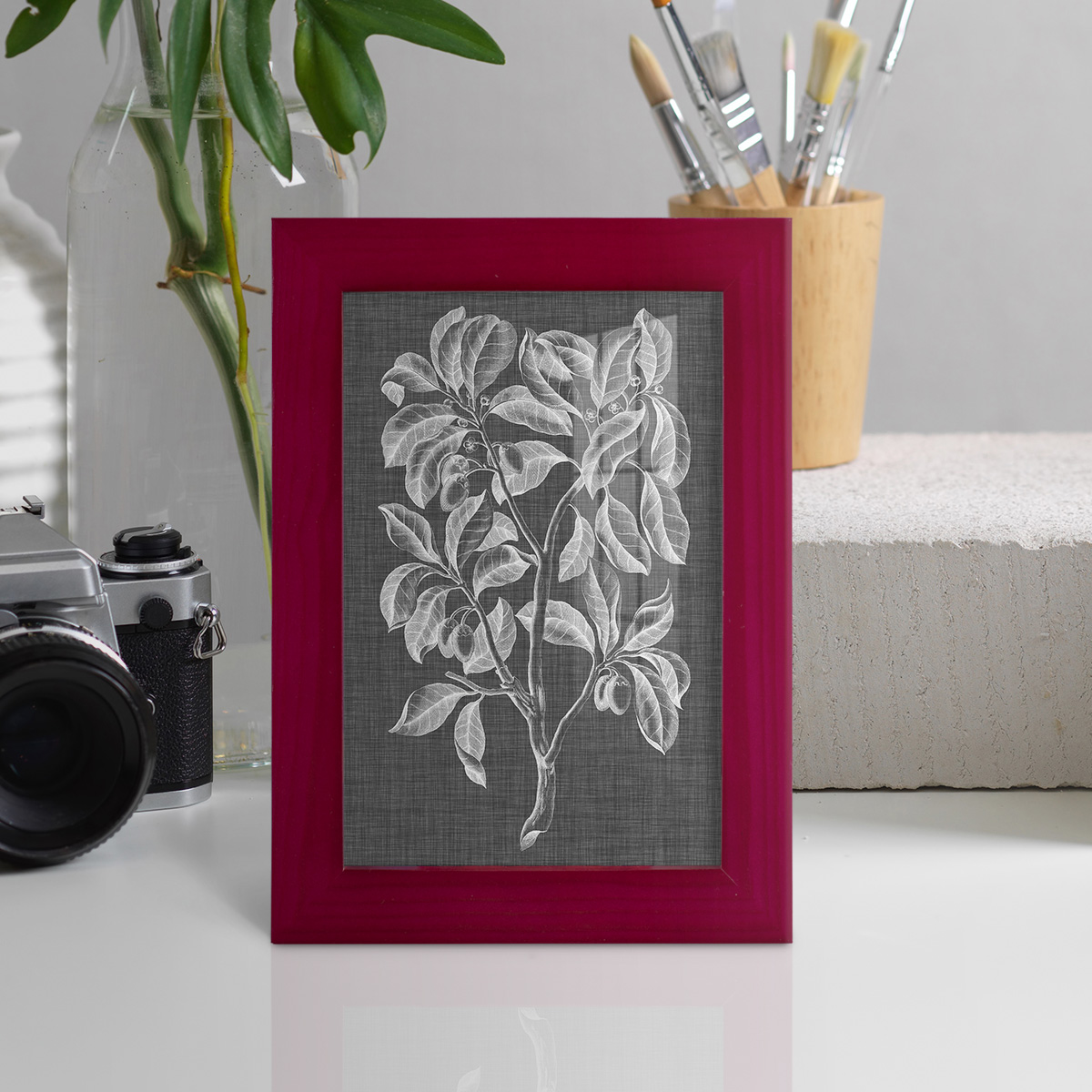 Graphic Foliage I - Framed Print w/glass - Cherry Red