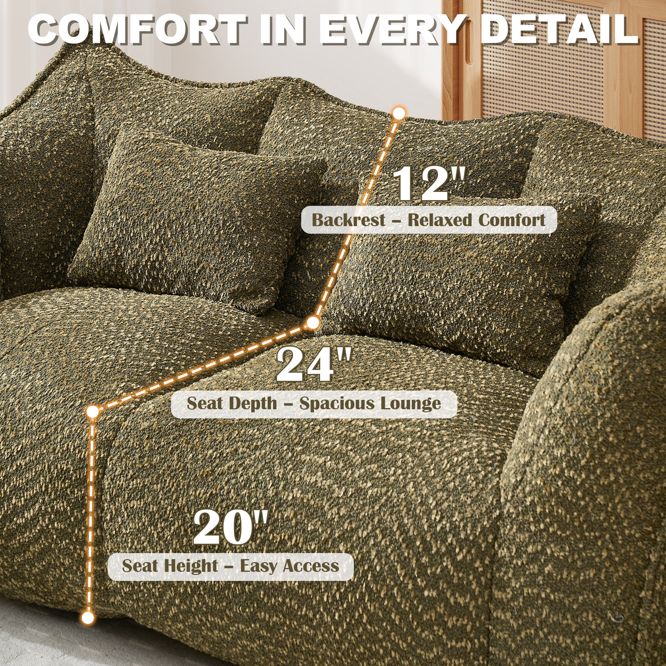 Aukfa Cloud Comfy Sofa, 24.4" Deep Seat Loveseat Couch for Living Room, No Assemble,Chenille,Oliver Green