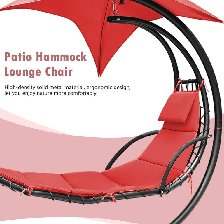 Lacoo Outdoor Hanging Curved Chaise Lounge Chair Patio Swinging Hammock w Pillow Canopy Stand for Backyard Orange