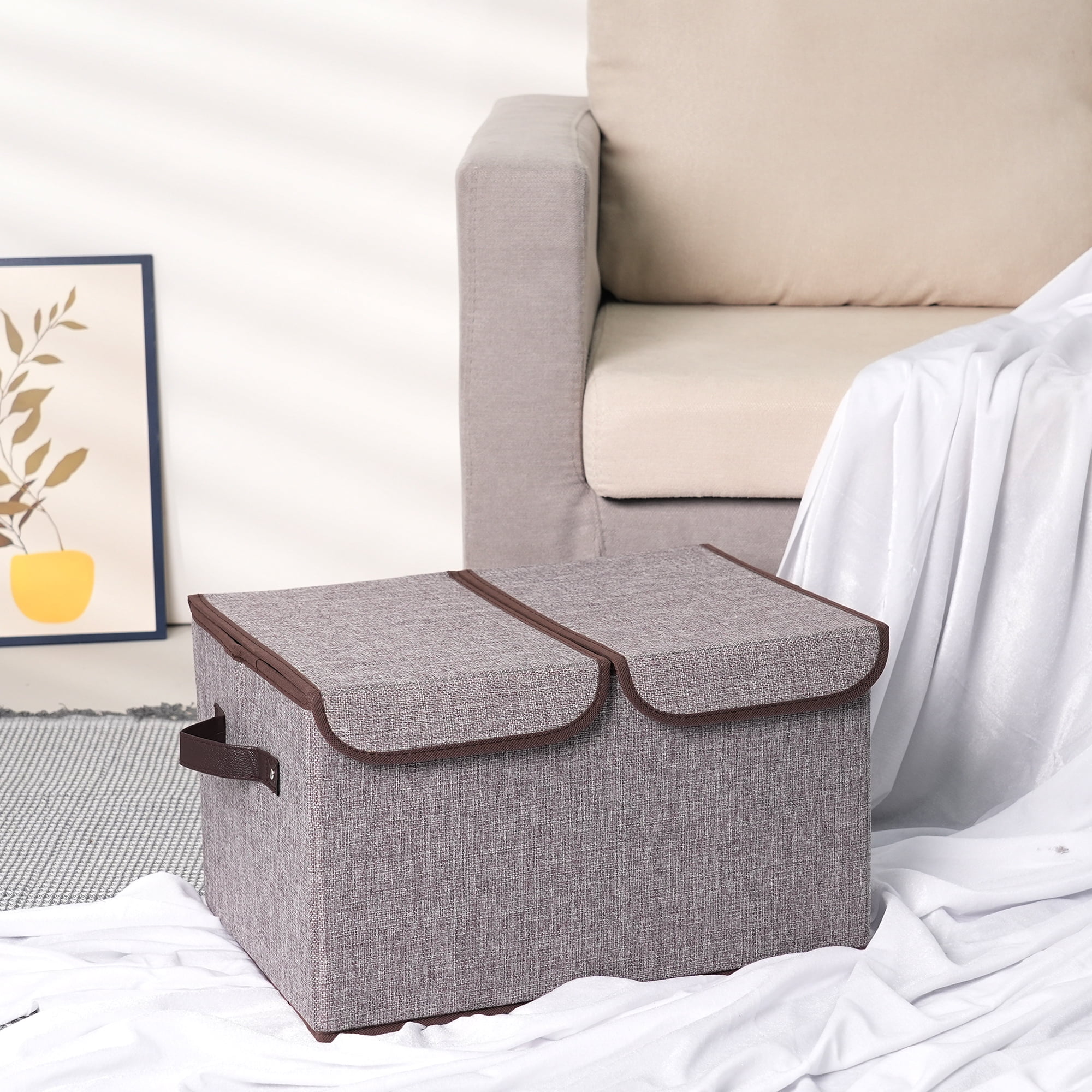 Unique Bargains Fabric Storage Bin Cube with Handle and Lid Collapsible Basket Grey