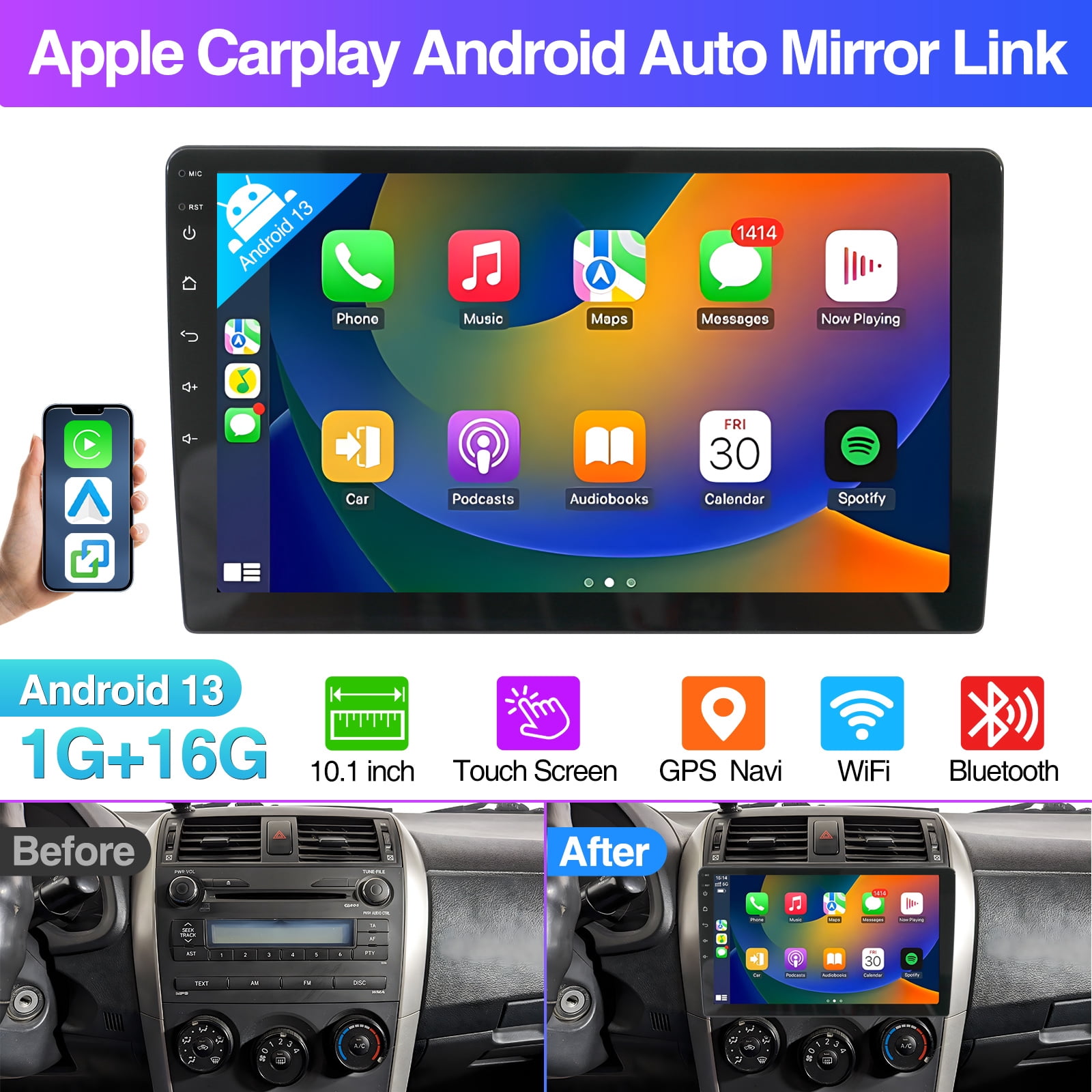 Autoradio 1 Din Carplay Android Auto - Écran Tactile 9 Pouces Avec Bluetooth, Caméra Recul Et Contrôle Volant