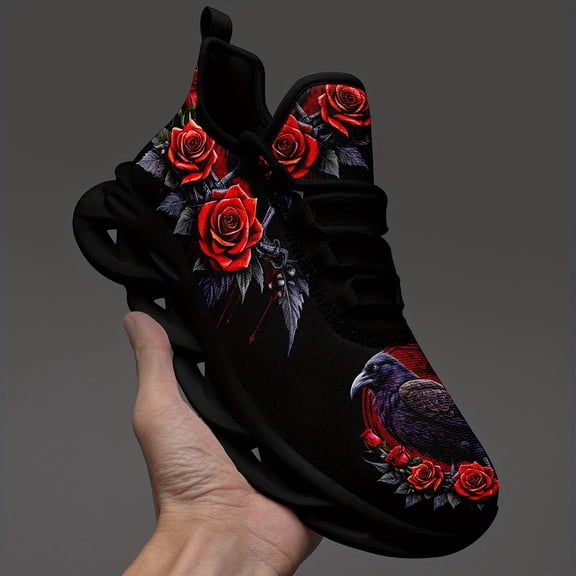 Coolcustomize Men's Gothic Punk Sneakers - Black with Red Roses & Raven Accents - Lace-Up Streetwear Shoes - Cushioned EVA Sole - All-Season Urban Fashion Footwear - Casual Footwear