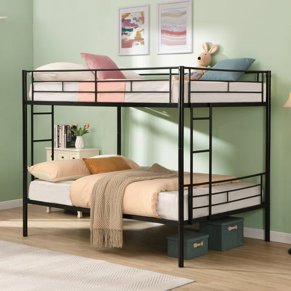 Full Over Full Bunk Bed, Metal Bed Frame with Ladder and Guardrail, Bed Slat Support for Bedroom, No Box Spring Needed, Easy Assemble