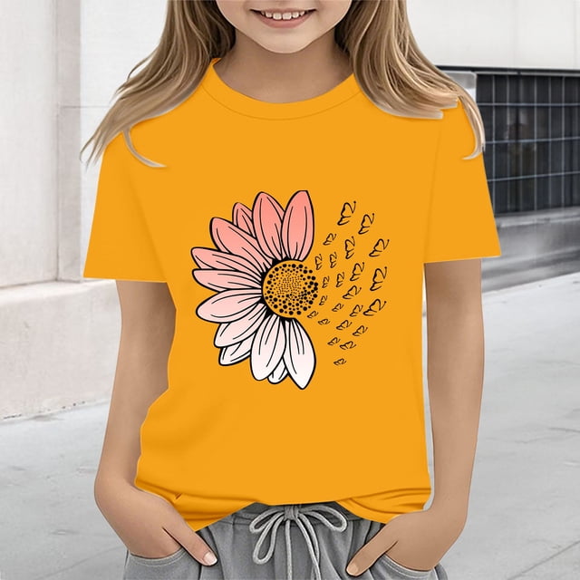 XIMIN T-Shirts Filles Graphiques Tournesol Manches Courtes Col Rond Coton Coupe Ample Décontractée Été