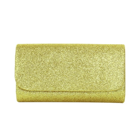 Premium Small Metallic Glitter Flap Clutch Evening Bag Handbag, Yellow