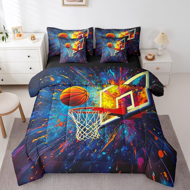 Erosebridal Ensemble de Literie Basketball pour Garçons, Format Double, Ensembles de Couette Éclaboussures Graffiti avec Draps, Réversible, 7 Pcs