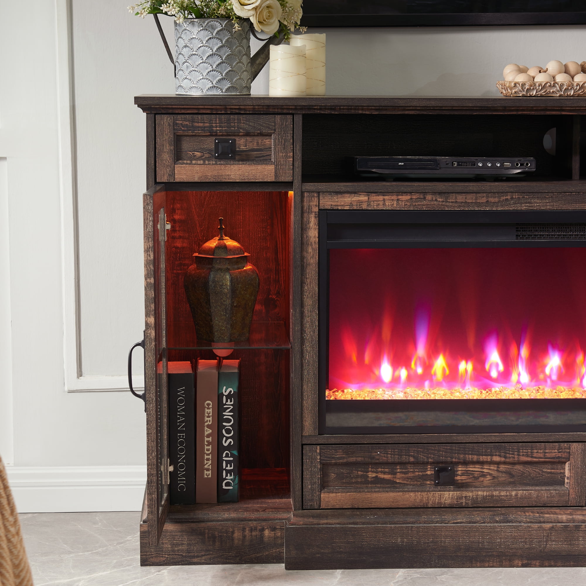 OKD Fireplace TV Stand for TVs up to 80",Farmhouse Entertainment Center with 42" Fireplace & LED Lights, Dark Rustic Oak