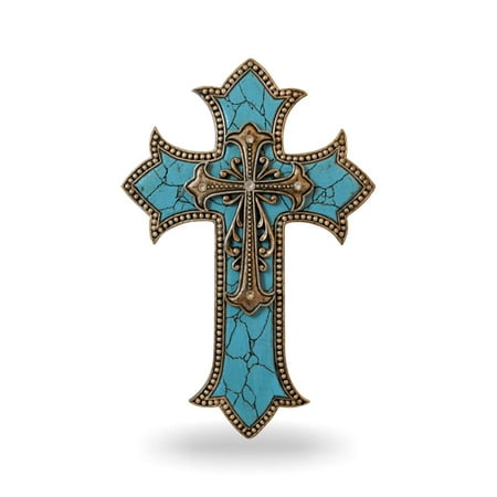 Family Cross - Turquoise Cross Wall Decor Home - Decorative Family Crosses Wall Decor - Pretty Crosses for Wall - Made in Polyresin Religious Wall Art Cross - Crucifix Wall Cross Modern (11 1/2