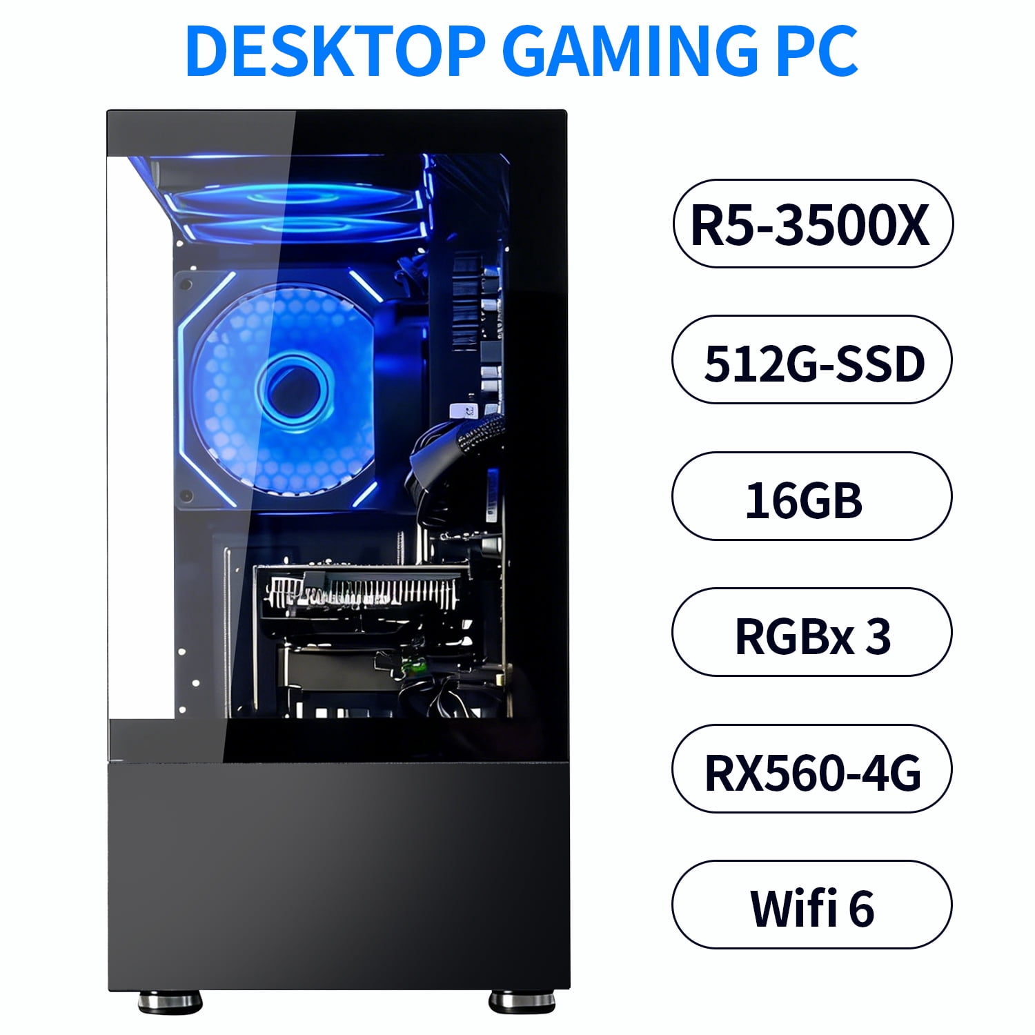 Qehi Gaming PC- R5-3500X,16G DDR4 RAM,512GB SSD,RX560 4G,WIFI6,RGB Fans,Black