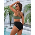 thumbnail image 3 of Conjunto de bikini BMJL para mujer, cintura alta, control de barriga, verde y negro, 3 of 7