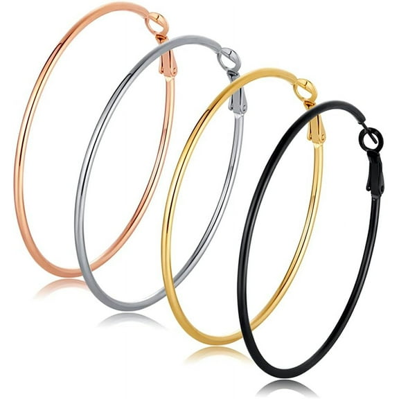 4 Pairs Big Hoop Earrings for Women, 316L Stainless Steel Hypoallergenic Hoop Earrings Silver Plated 14K Gold Plated Rose Gold Plated Black Gold Plated Earrings Set