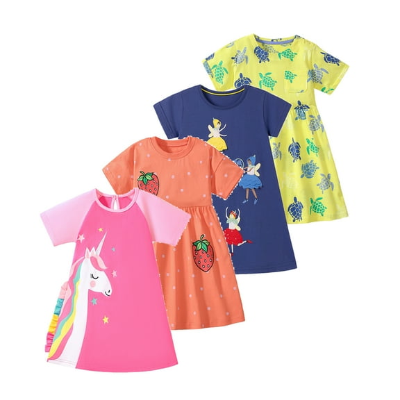Emy Dola 2-7T Little Girl Cotton Casual Dress Short Sleeve Colorful Unicorn Graphic T-shirt Dresses