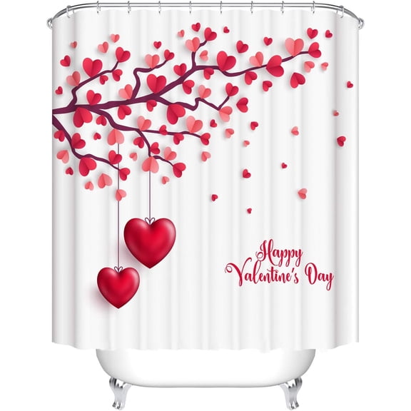 Red Love Heart Tree Bathroom Decor Valentine''s Day Shower Curtain Waterproof Fabric Polyester Set with Hooks (72''''Wx72''''H)