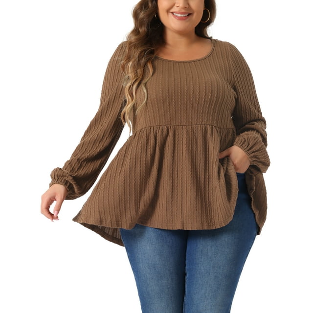 Blusas de Talla Grande Agnes Orinda para Mujeres, Cuello Redondo, Manga Larga, Top de Peplum de Punto 4X Marrón