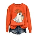 thumbnail image 2 of CLOISE Halloween Women Sweatshirt Funny Ghost Print Oversized Sweatshirts Fall Long Sleeve Round Neck Hoodies Shirts Soft Tees Festival Gift Clothes Orange L Spooky, 2 of 5