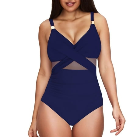 Chuancc One Piece Swimsuit Women High Cut Bikini Swimsuit Metal Modest Bathing Suit Slimming Full Coverage Mesh Swim Suits Swim Dresses for Women Tummy Control Blue M Clearance
