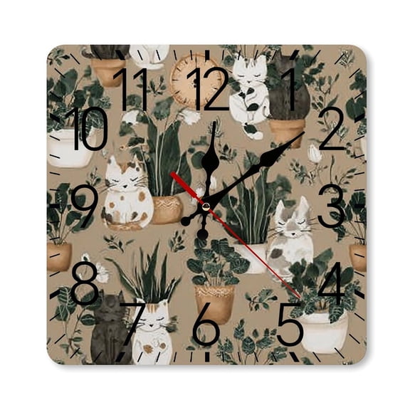 RKSupls 10×10inch Square Silent Wall Clock Wooden Frame, Cats Plants Pattern Scale Decorative Clock for Home Bedroom Living Room Office