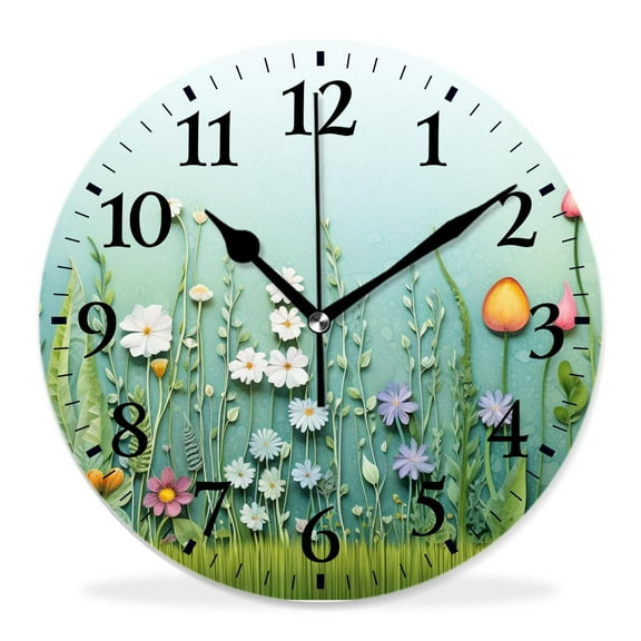 12 Inch Wall Clock Battery Operated Silent Clock Decorative for Office, Kitchen, Outdoor, Living Room，Green Flower Lawn Pattern Horizontal Design Floral Picture